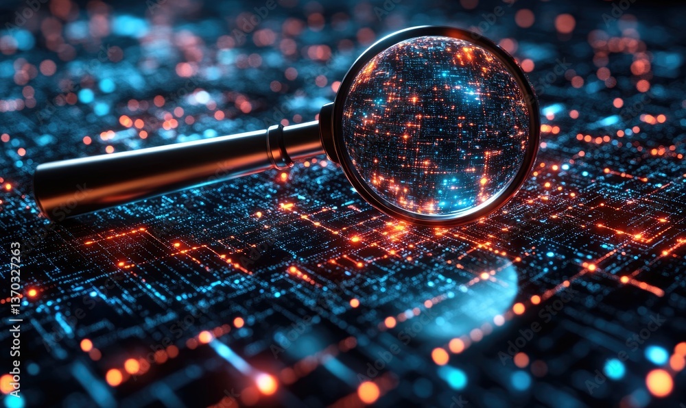 Poster magnifying glass examining illuminated blue and orange circuit board digital technology innovation a