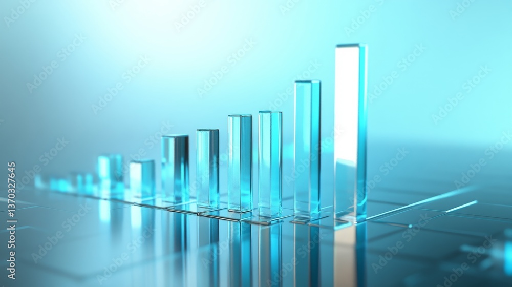 Aufkleber d bar graph with minimal blue bars emerging from a clear base, sharp light source from top right, si