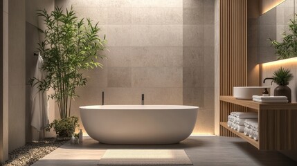 Fototapeta premium Modern, serene bathroom with minimalist design, natural elements, and a spa-like ambiance