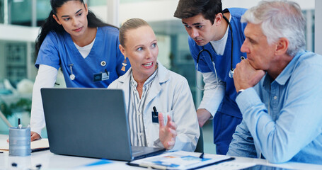 Woman, doctors and laptop with group at hospital with discussion for funding, management and...