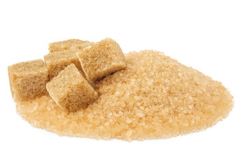 Pile of brown granulated sugar and sugar cubes isolated on white background.