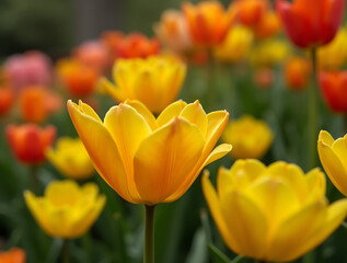 Vibrant Front Yard Garden with Blooming Orange and Yellow Tulips &mdash; Colorful Spring Flowers, Seasonal Landscaping, and Nature Rebirth