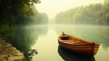 Obraz premium Traditional kutae wooden boat floating on calm misty river at dawn peaceful nature scene