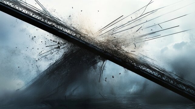 Collapsing bridge with suspended sections breaking off, steel cables snapping midair, motion blur and dust clouds rising from impact