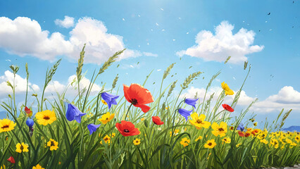 Vibrant Wildflower Field Under a Bright Blue Sky