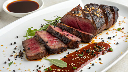 Beef dish, sliced, on a white plate, with spices