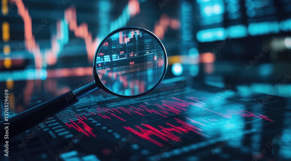 Poster magnifying glass focusing on financial charts displayed in red and blue on a dark digital screen wit