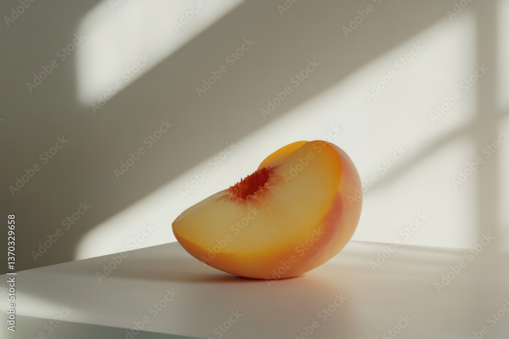 Poster a close-up view of a peach with a slightly cut section showing the soft, yellow flesh and its pit, p