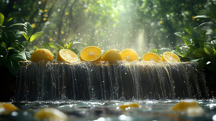 Fresh citrus lemons cascade over a small waterfall surrounded by lush greenery in a sunlit forest setting