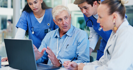 Man, doctors and laptop with group at hospital with discussion for funding, management and review....
