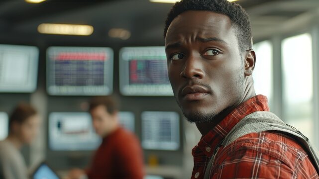 Focused Young Man in Control Room with Digital Screens Displaying Data