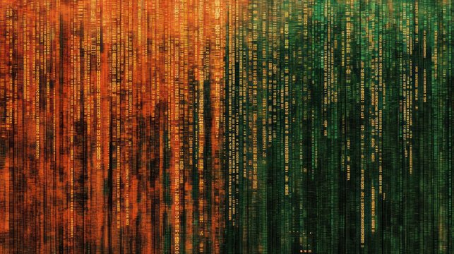 Abstract digital rain with orange and green binary code descending streams.