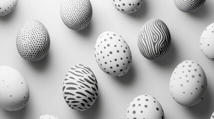 Fototapeta premium Minimal D design of monochrome Easter eggs with subtle shadows and embossed textures, set in a grid pattern over a neutral grey background