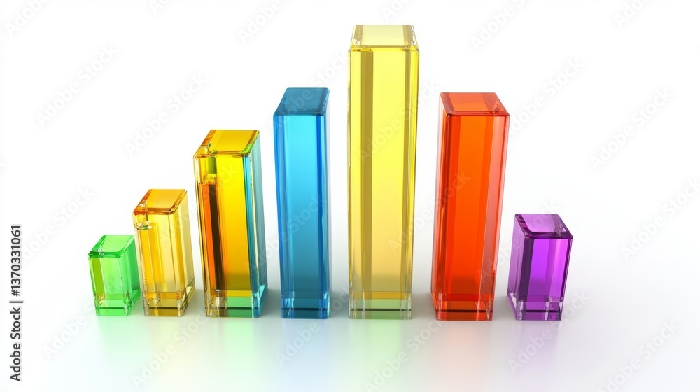 Poster simple d vertical bar chart with glass-texture columns on a white background, modern and for corpora