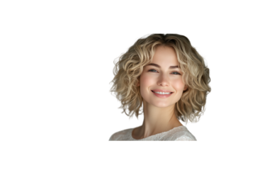 A light-hearted portrait of a blonde woman with curly hair, her face lit up by a warm smile, set against a smooth gray backdrop. Her expression conveys a sense of ease and happiness.