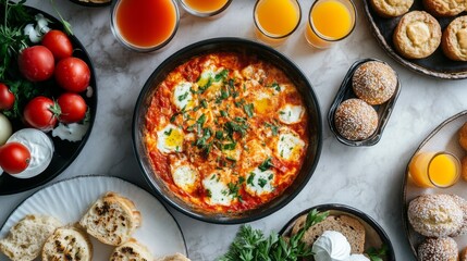 Top view of investor brunch buffet with shakshuka, fresh juice shots, and mini muffins, on elegant serveware over a granite countertop, high-key lighting