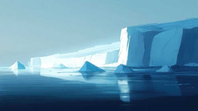Serene illustration of icebergs in cold blue water, a minimalist landscape. - Powered by Adobe