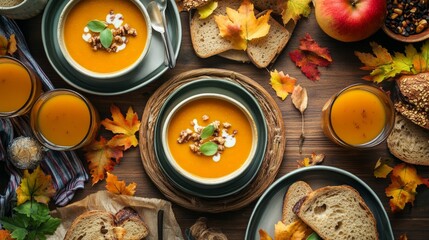 Top view of meal table with butternut squash soup bowls, multigrain bread slices, and apple cider in glasses surrounded by warm-toned foliage