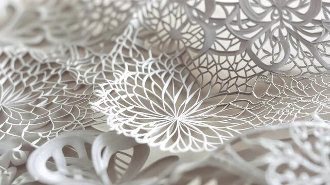 Delicate lace-like paper art features intricate floral and geometric patterns, beautifully crafted to create an ethereal effect in a softly lit environment.