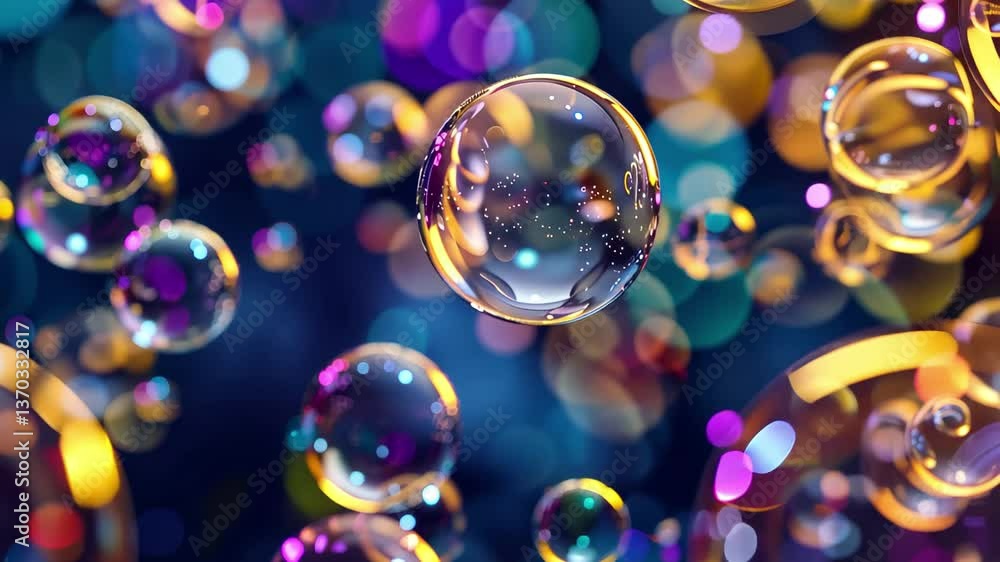 Poster bubbles of various sizes and colors drift through a rich background of blurred lights, creating a me