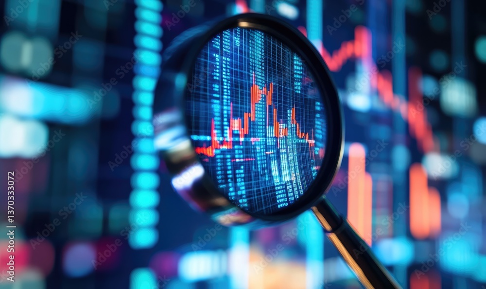 Poster magnifying glass over a glowing blue digital data display with an upward sloping red line in front o