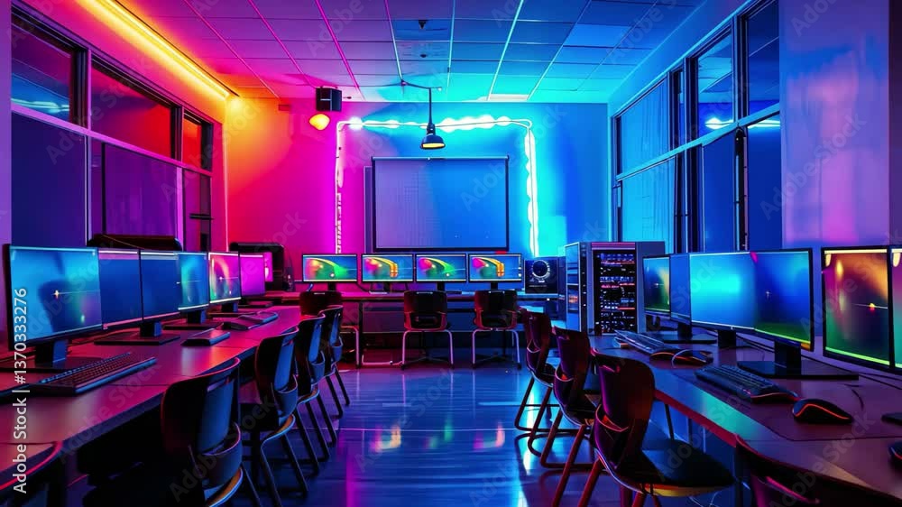 Poster a modern computer lab features multiple high-resolution monitors illuminated by vibrant neon lightin