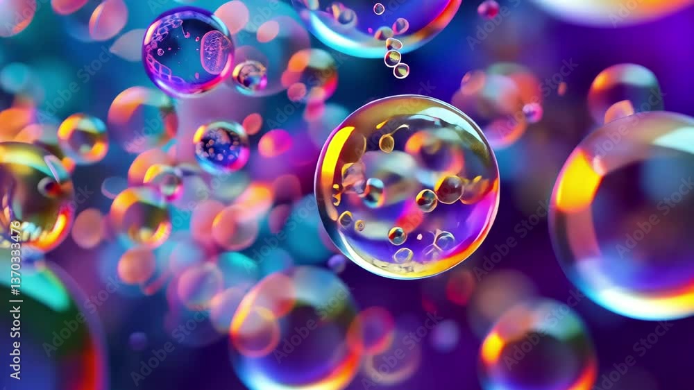 Poster bubbles and droplets float in an abstract environment, showcasing a rich blend of colors and luminou
