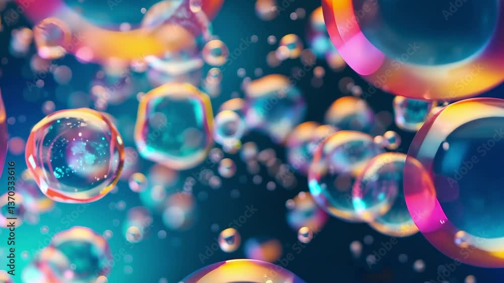 Poster bubbles in various sizes drift through water, creating a mesmerizing display of color and light, cap