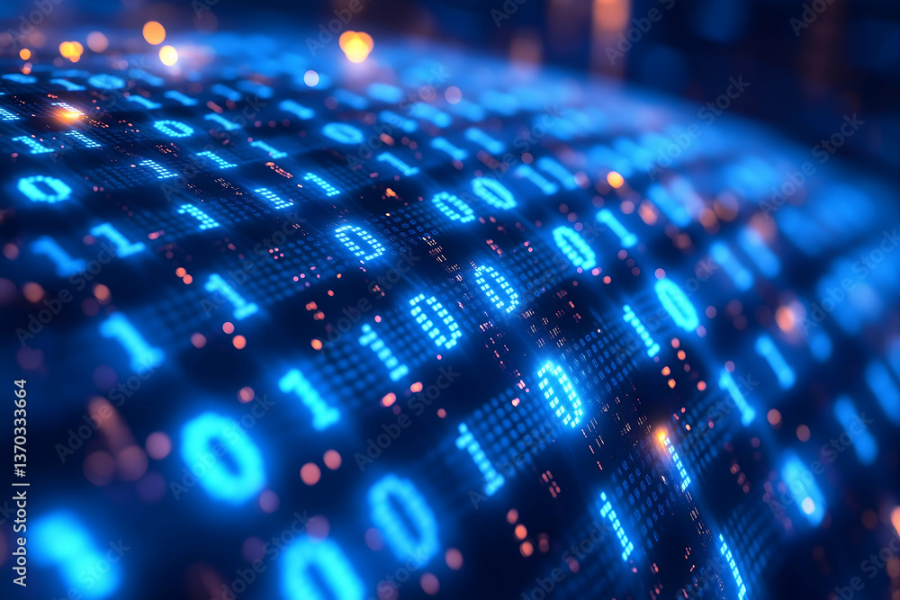 Poster a vibrant digital landscape featuring flowing binary code illuminated in blue tones, representing da