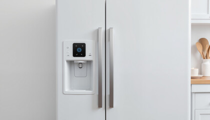 Futuristic fridge with Face ID lock in minimalist kitchen, tech security
