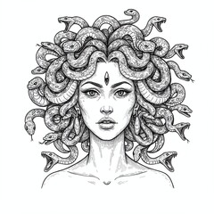 Medusa's Gaze: A striking portrayal of Medusa, with a serpentine hairstyle, captivating with her powerful, mythological beauty, rendered in an artful, illustrative style.