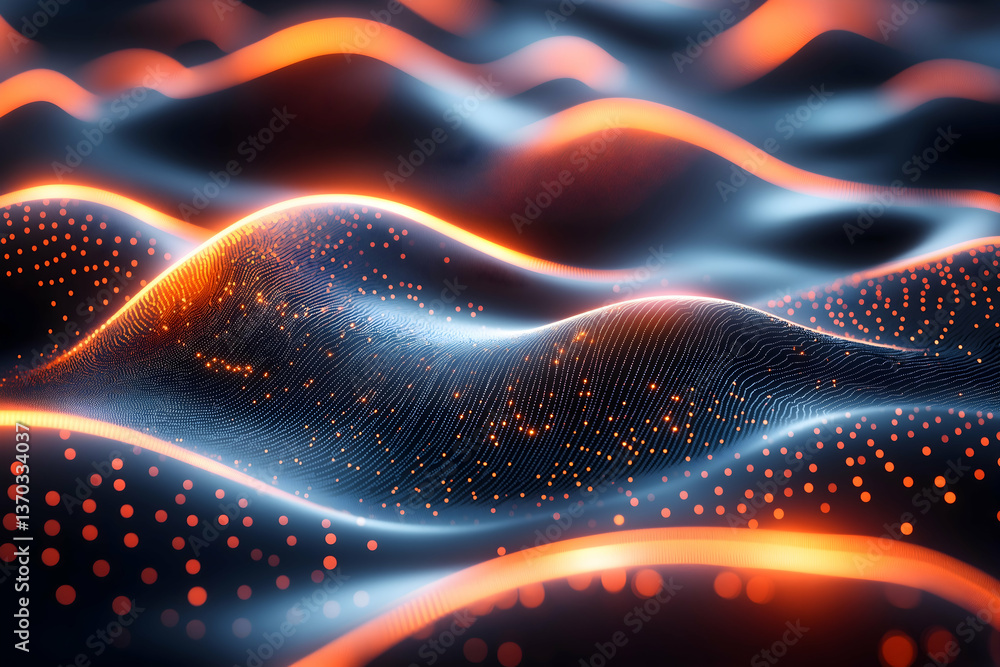 Poster a vibrant, abstract depiction of dynamic waves illuminated by glowing lights, creating a mesmerizing