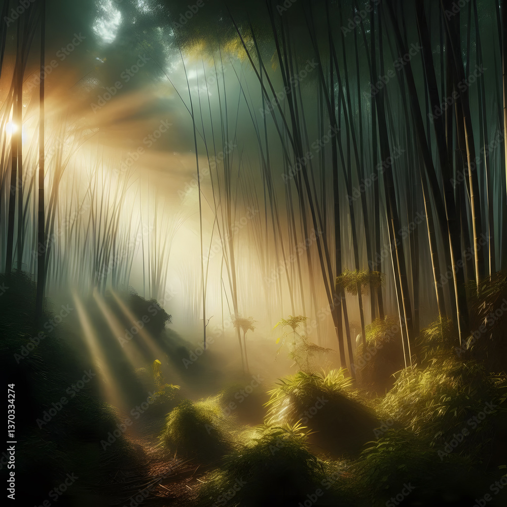 Poster a mystical bamboo forest with sun rays piercing through the mist, creating an ethereal and tranquil 