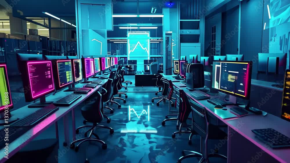 Poster rows of computers with vibrant neon displays fill a modern office space, creating a high-tech atmosp