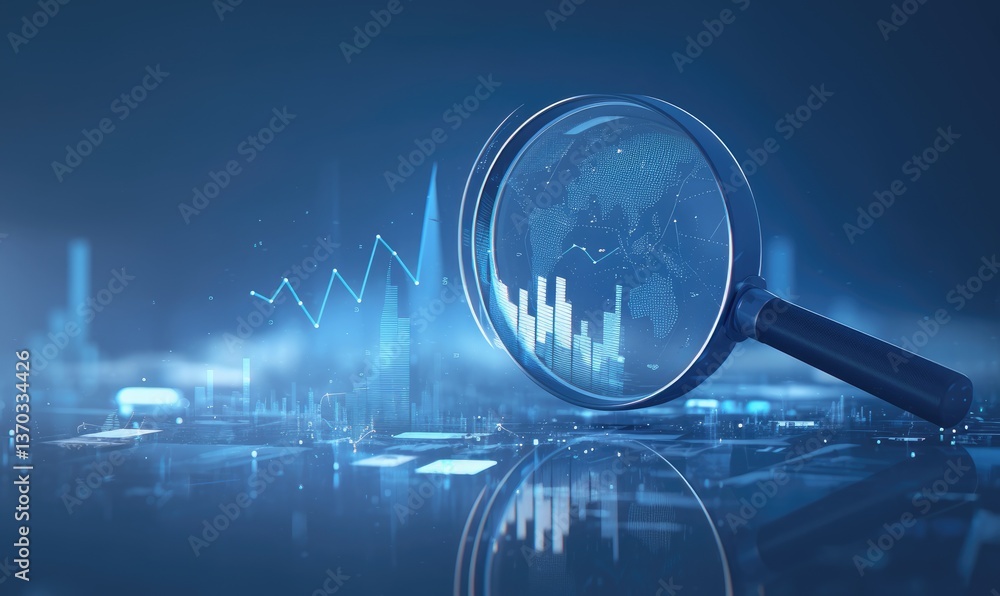 Poster magnifying glass over blue digital data charts and graph displayed in an abstract futuristic technol