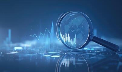 Magnifying Glass Over Blue Digital Data Charts and Graph Displayed in an Abstract Futuristic Technology Background with Sharp Focus and High Illumination