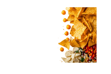 An assortment of crispy snacks like tortilla chips, cheese balls, and vegetable chips spread out on a sheet of paper with a stark white background