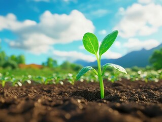 A young seedling rising towards the bright sky in cultivated farmland
