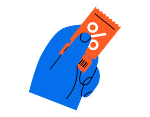 Hand drawn cute cartoon illustration of hand holding promotion coupon. Flat vector gift ticket in arm doodle. Voucher with percent sign icon. Discount promo code. Marketing advertising. Isolated.