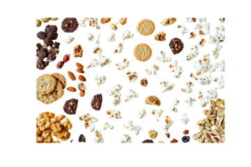 Close-up of a sheet of parchment paper with different kinds of bite-sized snacks like popcorn, cookies, and mixed nuts scattered across it on a white surface