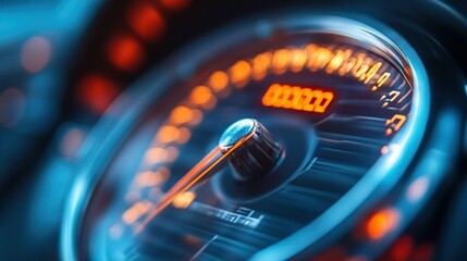Close-up of a Car's Speedometer Needle at Zero, Illuminated with Blue and Orange Lights, Showing Technological Detail and Precision