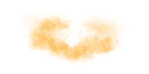 Magic yellow smoke with glitter and small particles of twinkling stars. Fog with luminous particles. Yellow vapor with stardust. Morning fog over land or water surface, magic haze. Fog or smoke. PNG.
