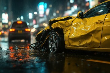 Traffic accident on a wet urban road with a crashed yellow car, symbolizing danger on the road and risk prevention in traffic accidents.
