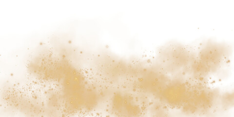 Magic golden smoke with glitter and small particles of twinkling stars. Fog with luminous particles. Yellow vapor with stardust. Morning fog over land or water surface, magic haze. Fog or smoke. PNG.
