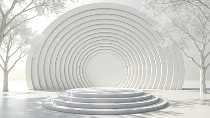 Fototapeta premium Minimalist White Concentric Circle Stage with Abstract Design