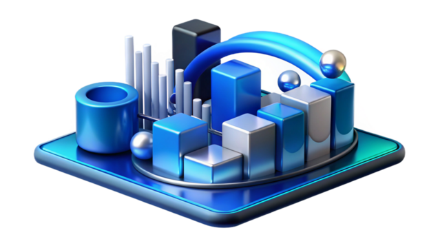 Transparent Digital 3D Stock Market Analysis in PNG with Growth Charts and Financial Investment Data.