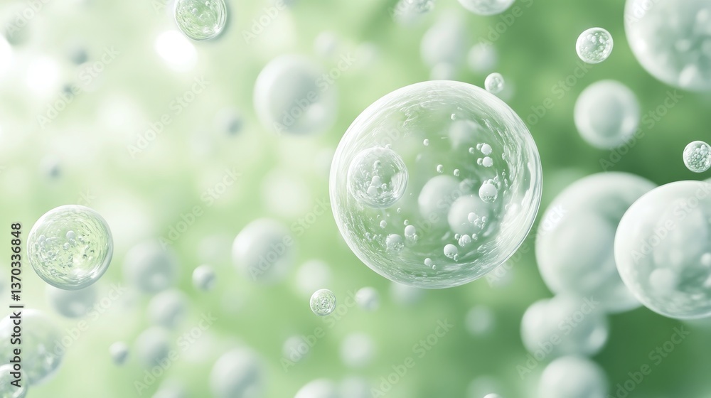 Poster close-up view of transparent spheres with bubbles against a green background in abstract nature conc