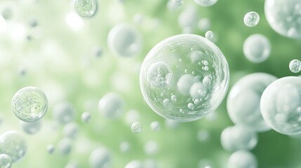 Close-Up View of Transparent Spheres with Bubbles Against a Green Background in Abstract Nature Concept