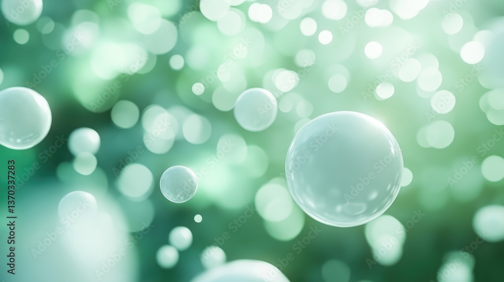 Poster ethereal floating bubbles on a soft green background with blurred lights creating a dreamy atmospher