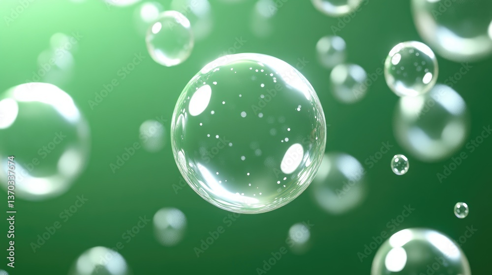Poster floating bubbles in air on a green background creating a magical and dreamy atmosphere for various c